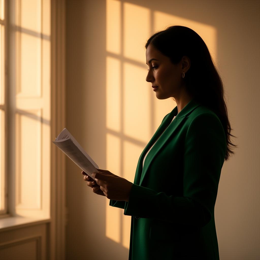 Silhouette of an attorney in an emerald blazer reading documents in warm window light